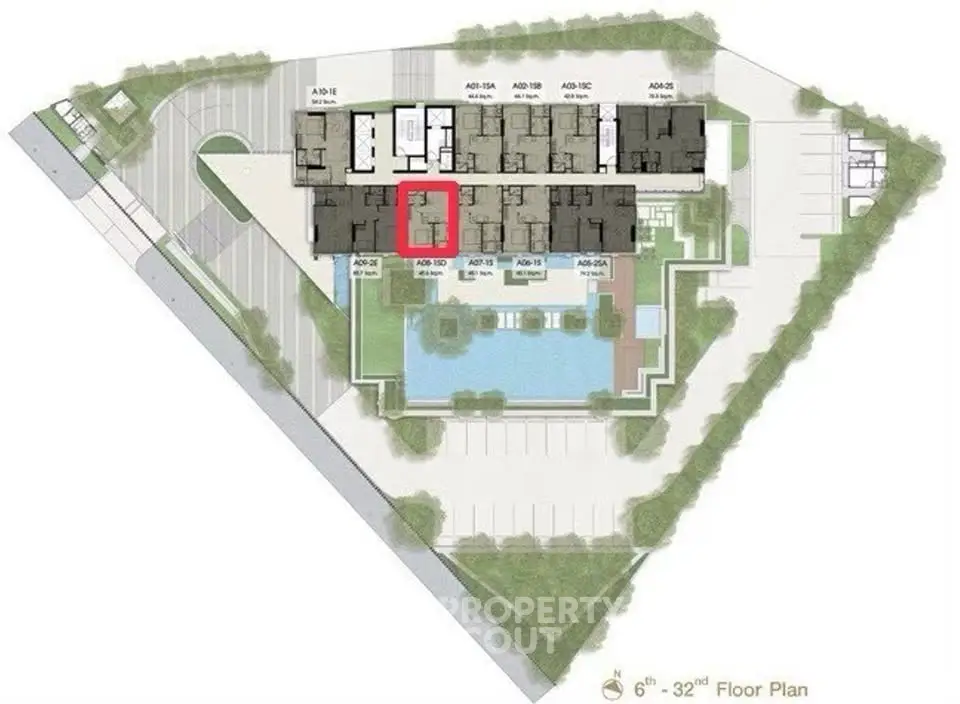 Explore this detailed floor plan of a modern residential complex with lush landscaping and strategic layout.