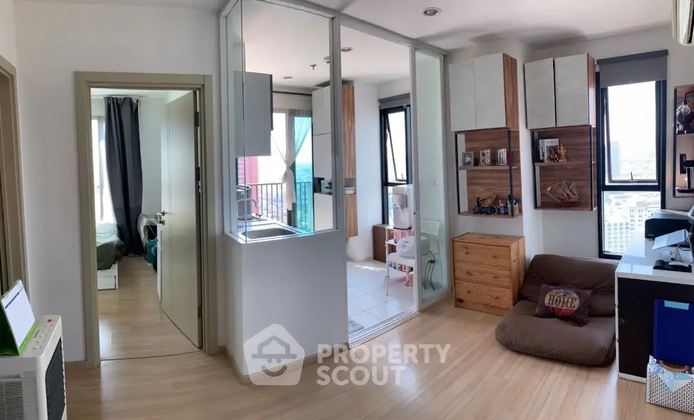 Modern apartment interior with open layout and wooden flooring