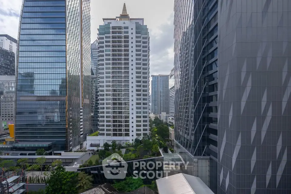 Stunning urban skyline view with modern high-rise buildings and lush greenery, perfect for city living enthusiasts.