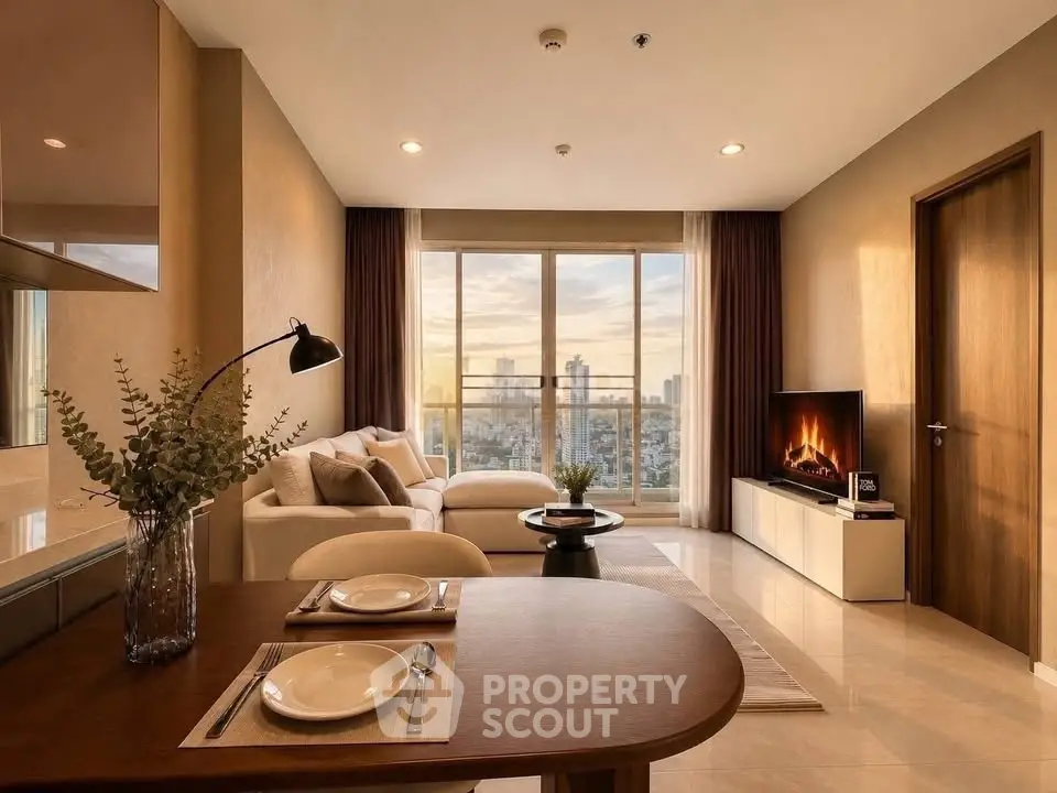 Luxurious living room with stunning city view, elegant decor, and cozy ambiance.