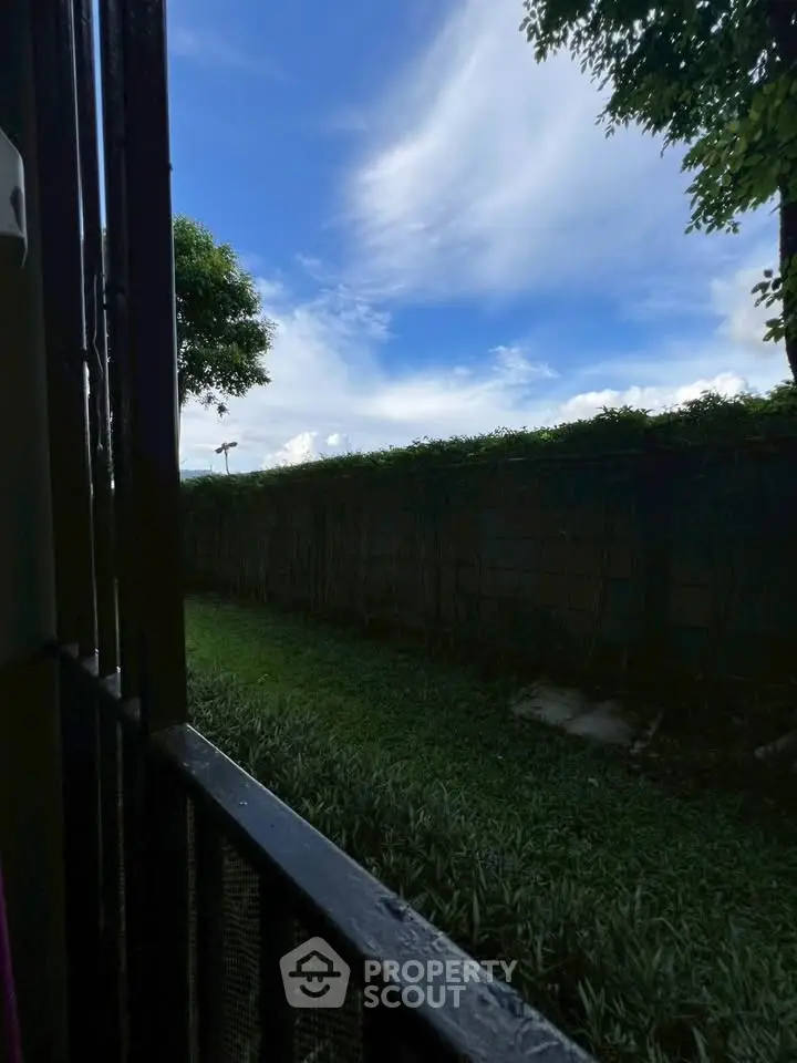 Serene garden view with lush greenery and clear blue sky