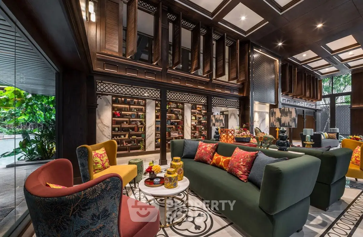 Luxurious living room with elegant decor and vibrant furnishings in a spacious open layout.