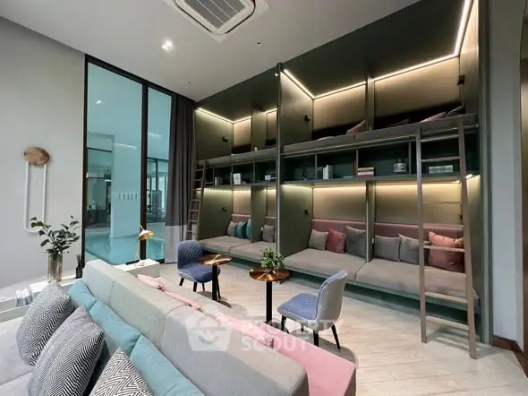 Modern living room with stylish seating and ambient lighting