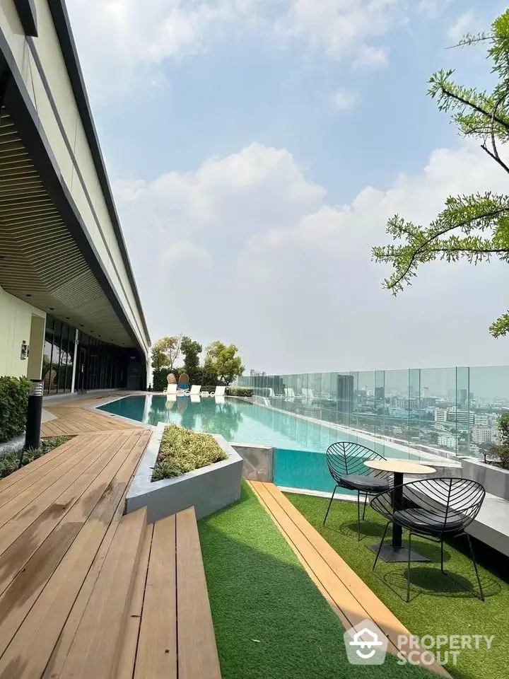 Luxurious rooftop pool with stunning city view and modern seating area.