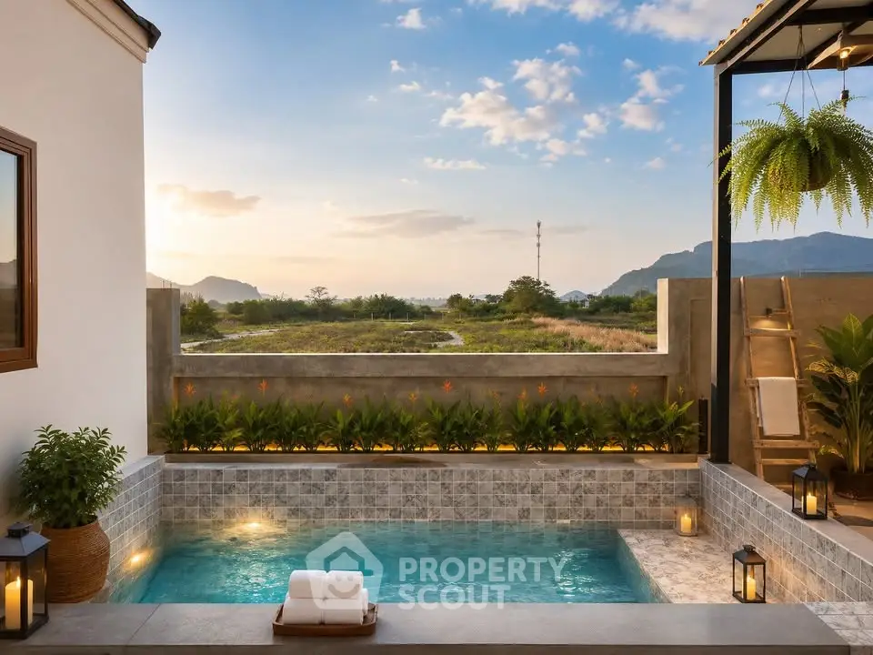 Luxurious private pool with scenic mountain views and elegant outdoor decor.