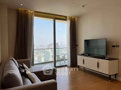 Modern living room with city view, featuring a sleek sofa and large TV, perfect for urban living.
