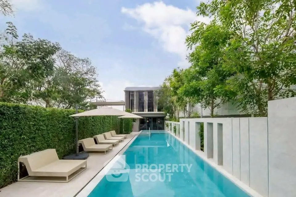 Luxurious modern poolside area with sleek design and lush greenery, perfect for relaxation and leisure.