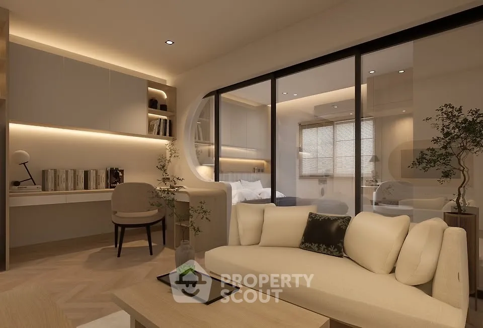 Modern living room with elegant decor and cozy seating area