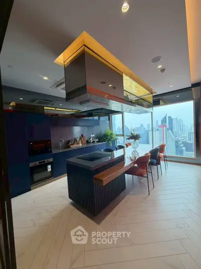 Luxurious modern kitchen with city skyline view, featuring sleek design and high-end appliances.
