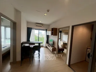 Modern apartment interior with open layout and city view