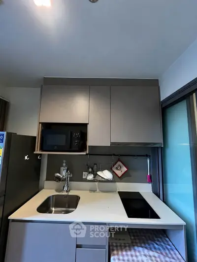 Modern compact kitchen with sleek cabinetry and built-in appliances, perfect for urban living.