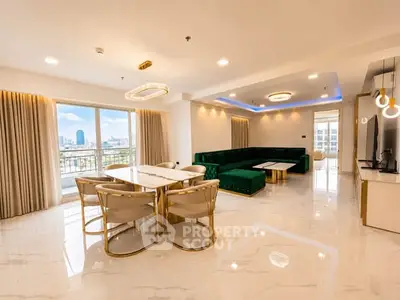 Luxurious modern living room with elegant dining area and stunning city view, featuring plush green sofa and chic lighting.
