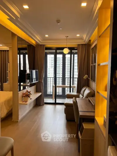 Modern living room with balcony view and stylish decor