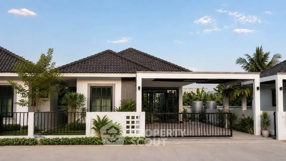 Charming modern bungalow with lush greenery and spacious driveway, perfect for serene living.