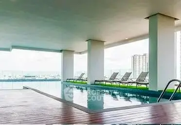 Luxurious rooftop pool with city skyline views and modern lounge chairs.