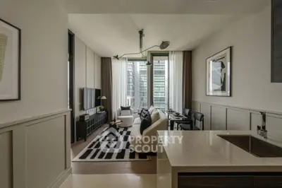 Modern living room with stylish decor and city view from large windows
