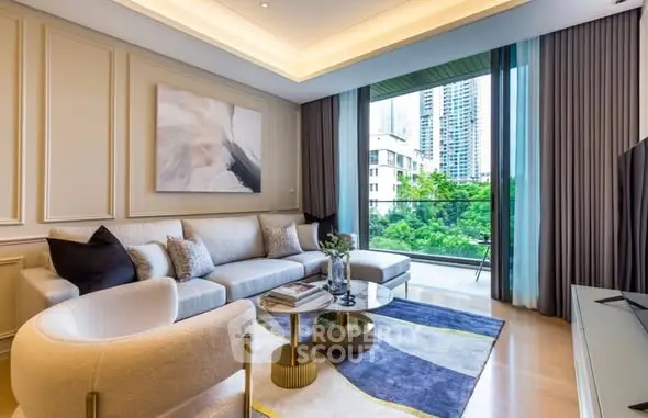 Luxurious living room with modern decor and large windows offering a stunning city view.