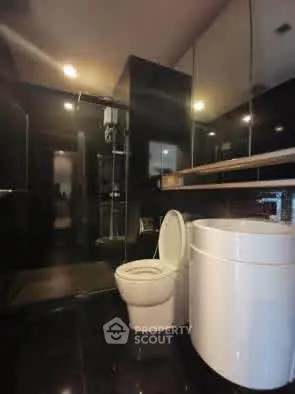Luxurious modern bathroom with sleek black tiles and elegant fixtures.