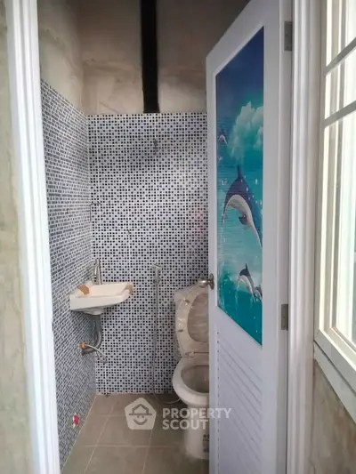 Compact bathroom with dolphin-themed door and mosaic tile wall.