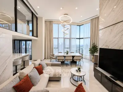 Luxurious modern living room with high ceilings, elegant lighting, and panoramic city views.