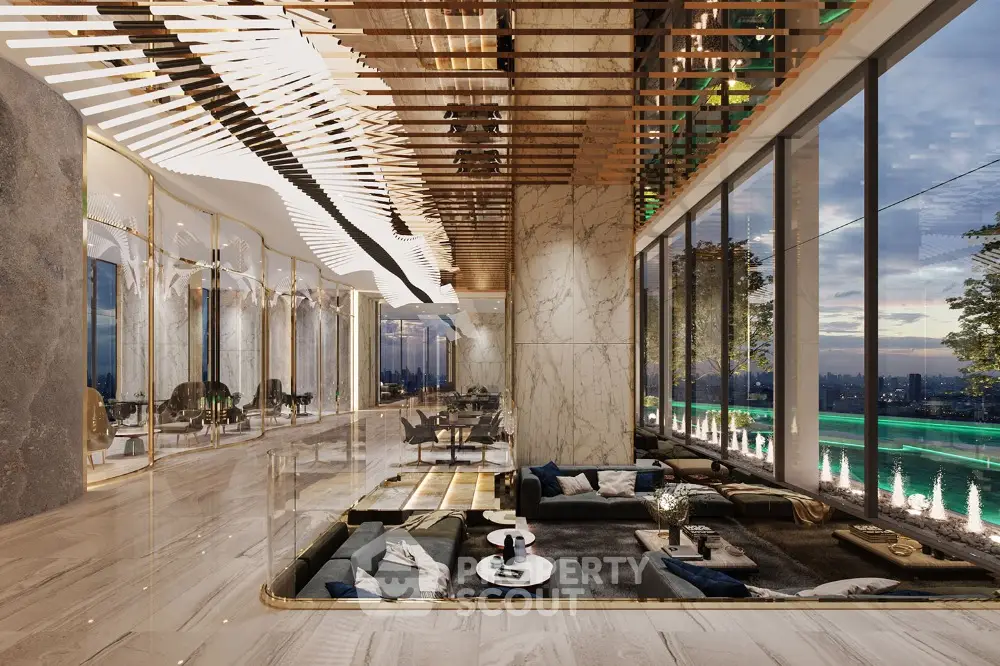 Luxurious modern living room with panoramic city view and elegant decor