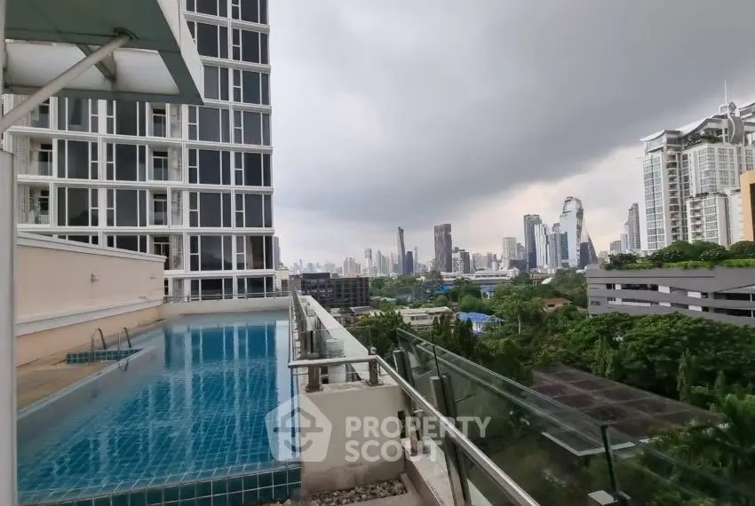 Stunning rooftop pool with panoramic city skyline views in modern high-rise building.