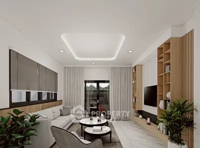 Modern living room with elegant decor and large windows