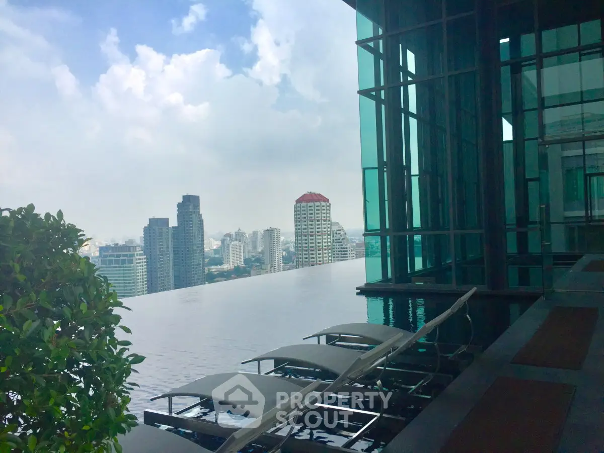 Luxurious rooftop infinity pool with stunning city skyline view, perfect for relaxation and leisure.