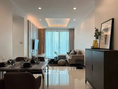 Elegant modern living room with dining area, stylish decor, and natural light.