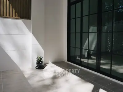 Modern minimalist patio with sleek glass doors and potted plant