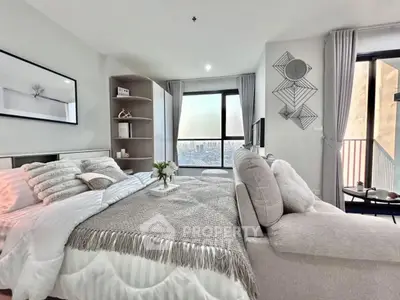 Luxurious bedroom with stunning city view and elegant decor