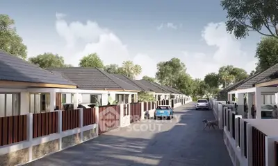 Charming suburban street with modern single-story homes and lush greenery.