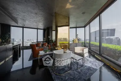 Luxurious corner unit living room with panoramic city views and elegant modern furnishings.