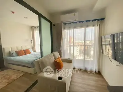 Modern apartment with cozy living room and bedroom, featuring large windows and stylish decor.