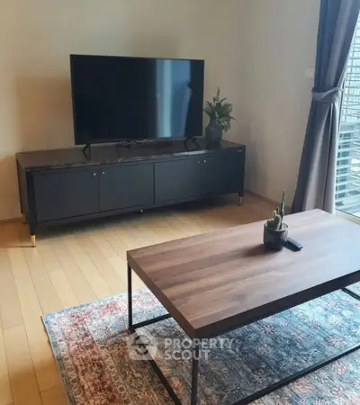 Modern living room with sleek TV stand, large flat-screen TV, and stylish coffee table on a patterned rug.