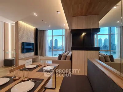 Luxurious modern living room with stunning city view and elegant dining area