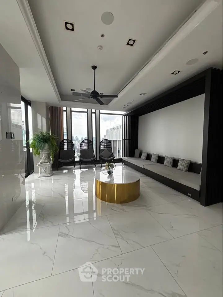 Luxurious modern living room with marble flooring and stylish decor