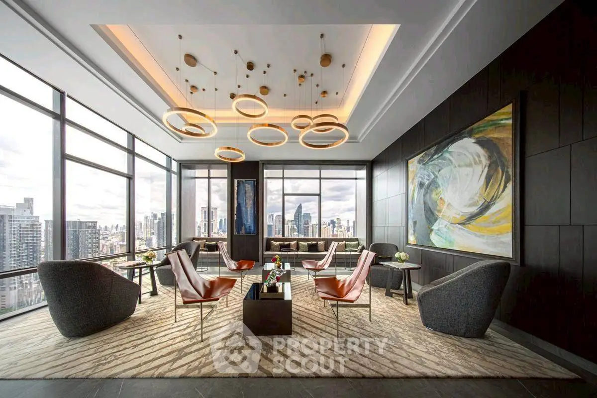 Luxurious modern living room with stunning city view and elegant decor