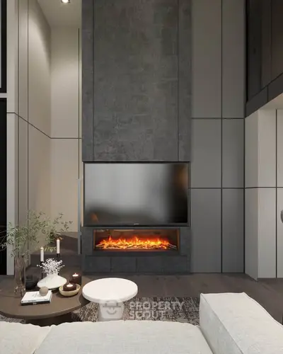 Luxurious modern living room with sleek fireplace and elegant decor