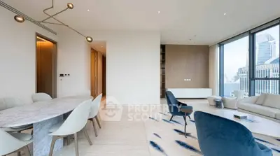 Luxurious modern living room with city view, elegant furniture, and stylish lighting in a high-rise apartment.