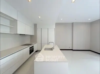 Modern minimalist kitchen with sleek white cabinetry and island