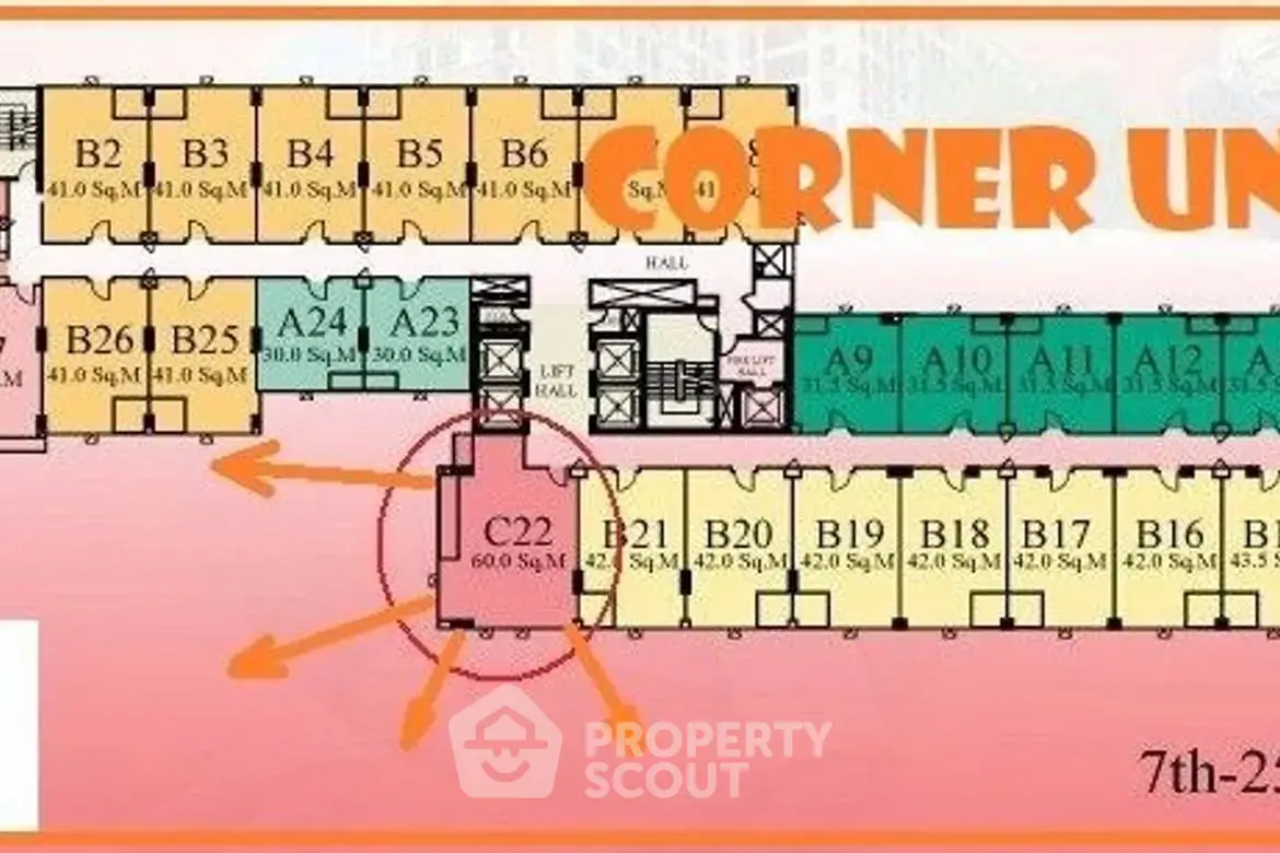 Floor plan highlighting corner unit C22 with spacious layout and strategic location.
