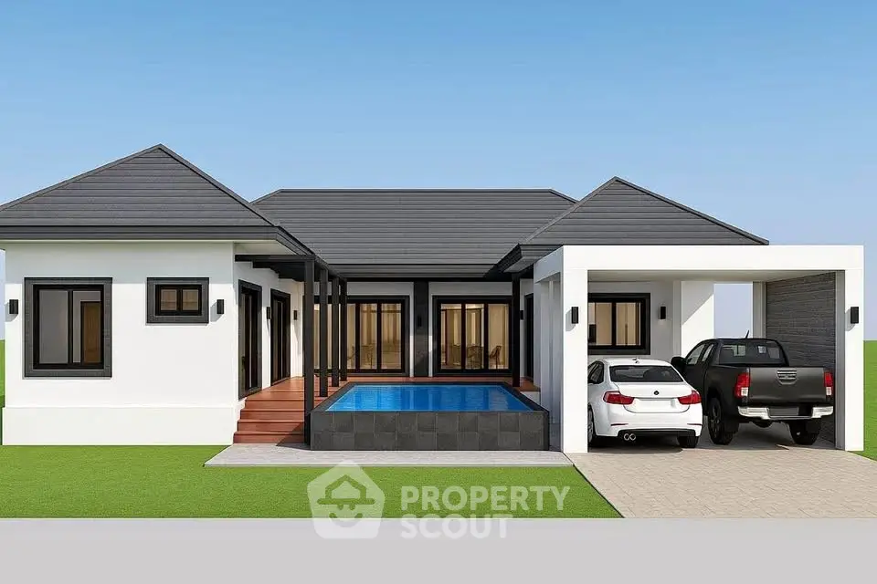 Modern single-story home with sleek design, pool, and dual carport, perfect for luxury living.