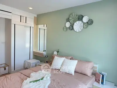 Chic bedroom with stylish decor and cozy bedding in modern apartment