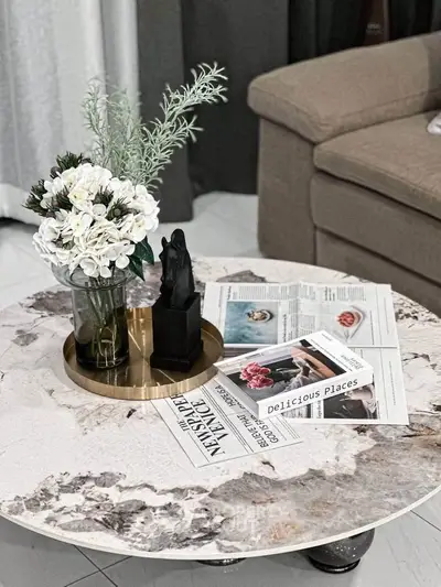 Elegant living room with marble coffee table and stylish decor