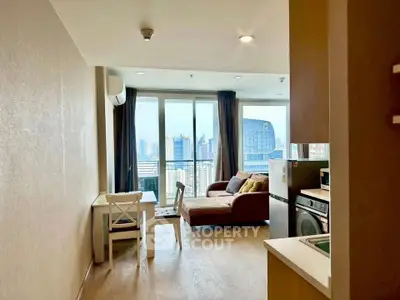 Modern living room with city view, featuring cozy seating and dining area, ideal for urban living.