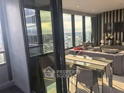 Modern living room with panoramic city view and stylish decor