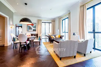 Luxurious modern living room with elegant decor and large windows offering city views.