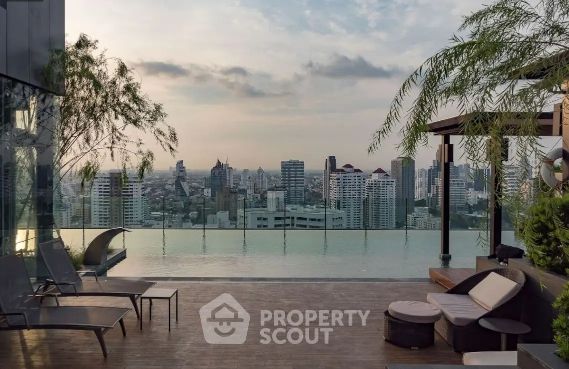 Luxurious rooftop pool with stunning city skyline view at sunset.