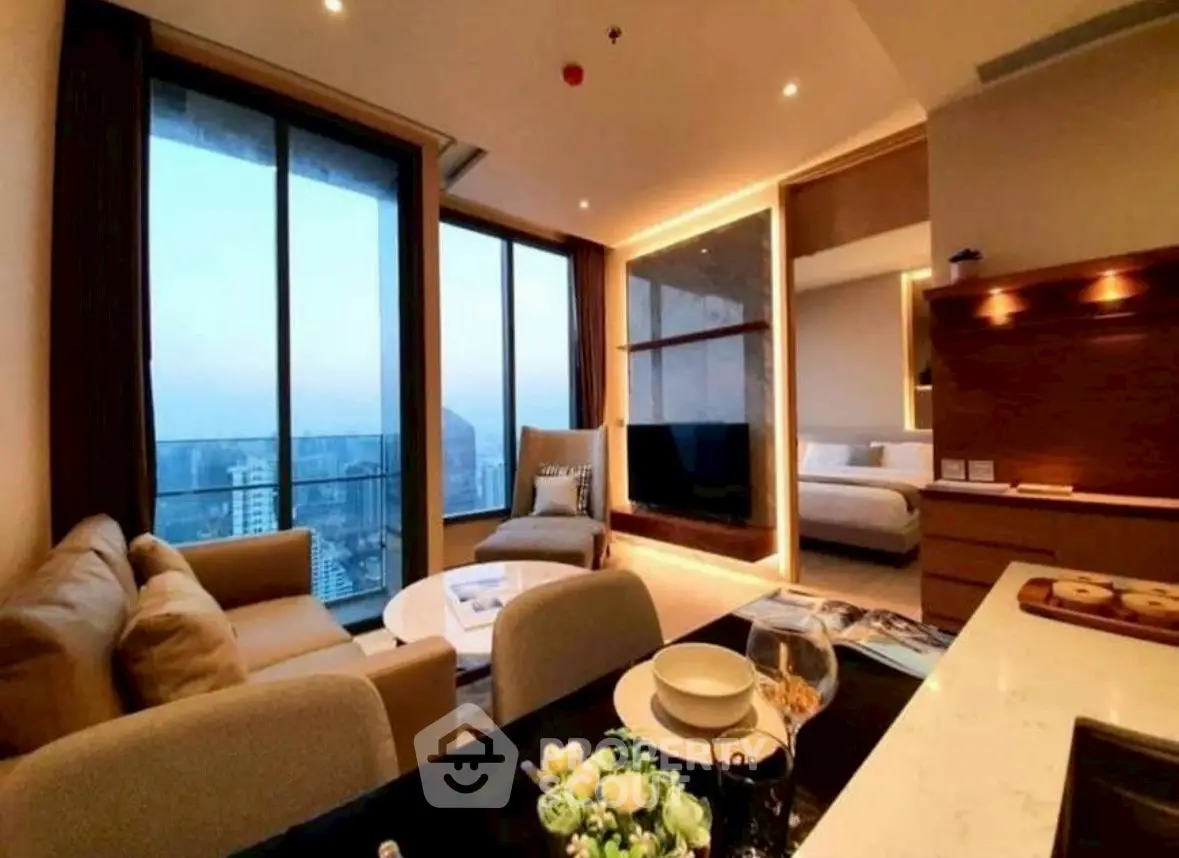 Luxurious modern living room with panoramic city view and elegant decor